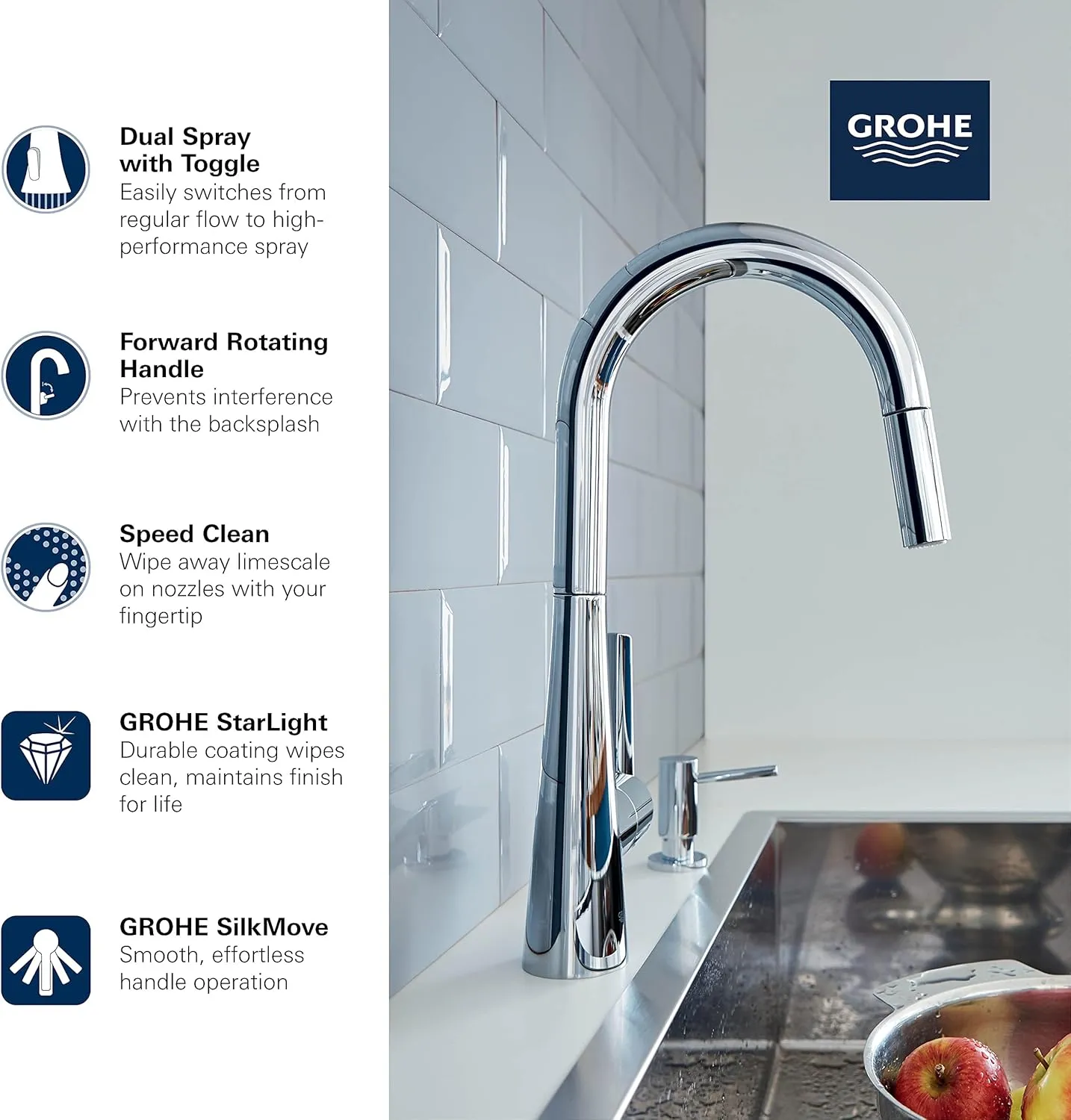 GROHE 322262433 Zedra Single-Handle Pull-Down Kitchen Faucet Dual Spray, 1.75 GPM, Matte Black