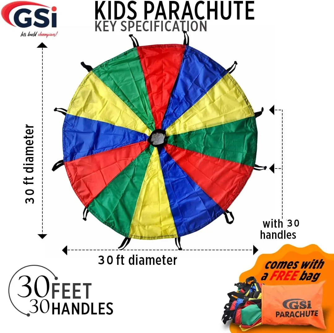 GSi Kids Play Parachute 24 Ft, 30Ft, 35Ft Toy with Handles and Carry Bag for Cooperative Play and for Upper-Body Strength | Multi-Colored