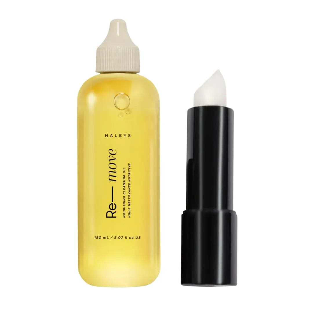 HALEYS Cleansing Oil and Nourishing Lip Balm DUO, VEGAN KOREAN formula, Removes Waterproof Makeup, Impurities, Unclog pores, Gentle & Nourishing Cleansing Oil, Hyaluronic Acid, Shea Butter Lip Balm
