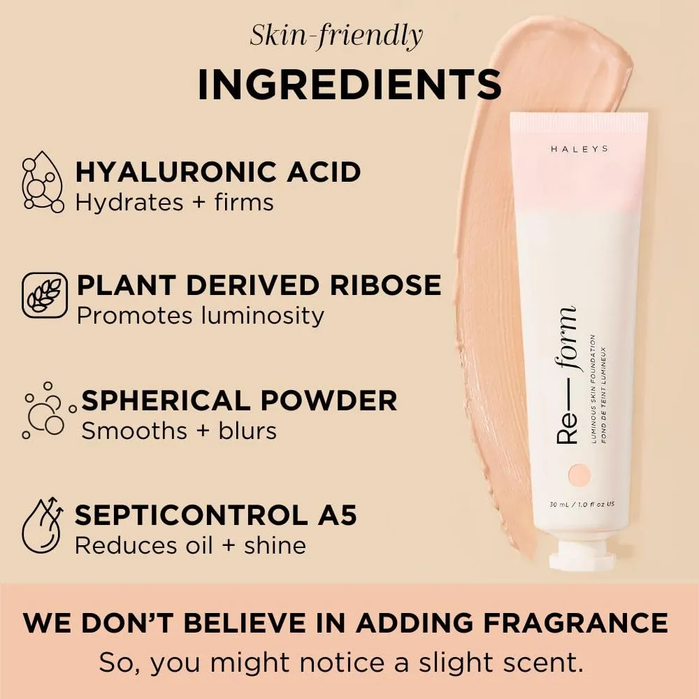 HALEYS Re-form Luminous Skin Foundation, VEGAN   CRUELTY-FREE, Blurs, Conceals, Blendable, Buildable Med-to-Full Coverage, Weightless, Oil-free, All-Day Wear, Hyaluronic Acid, All skin types (5.0)