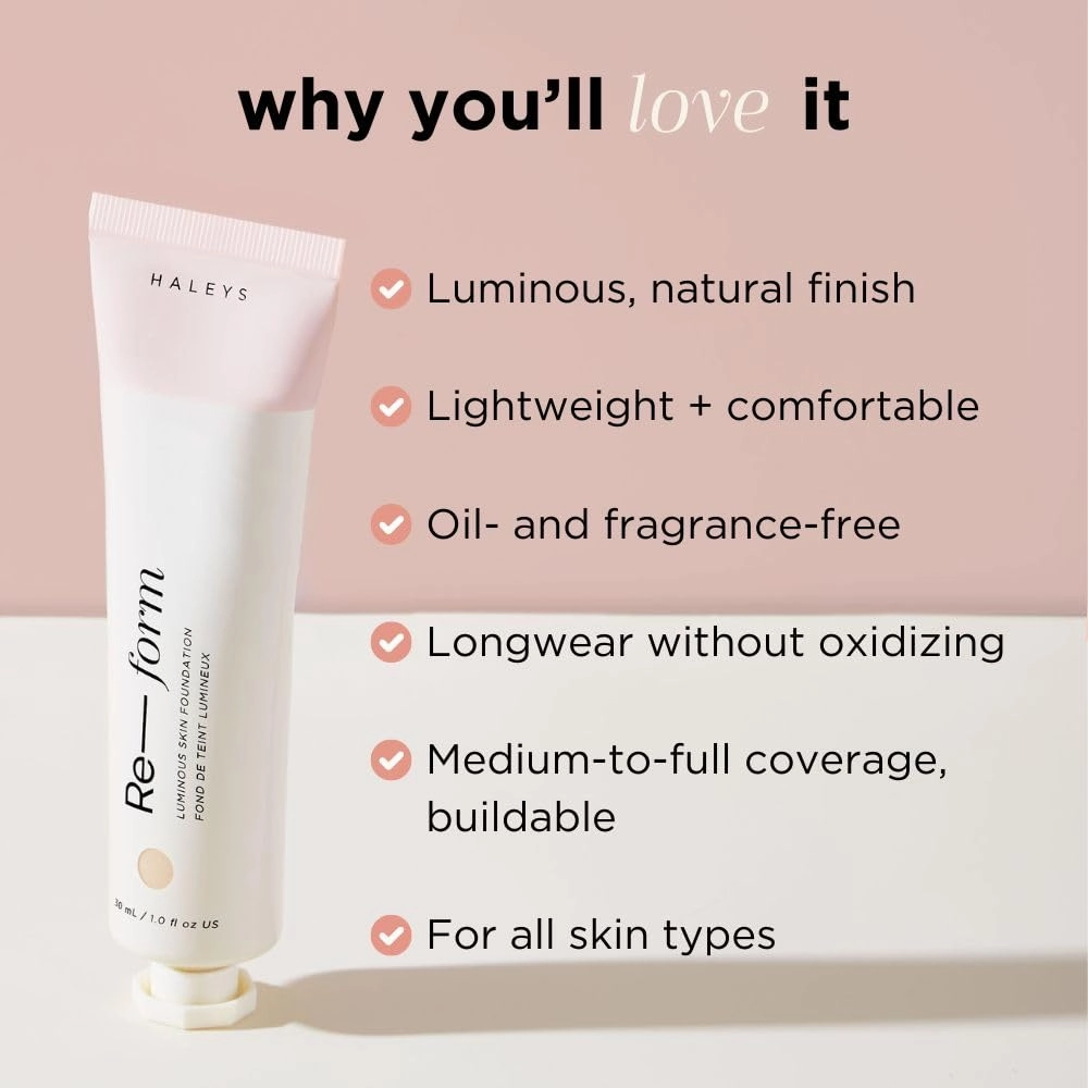 HALEYS Re-form Luminous Skin Foundation, VEGAN   CRUELTY-FREE, Blurs, Conceals, Blendable, Buildable Med-to-Full Coverage, Weightless, Oil-free, All-Day Wear, Hyaluronic Acid, All skin types (4.3)