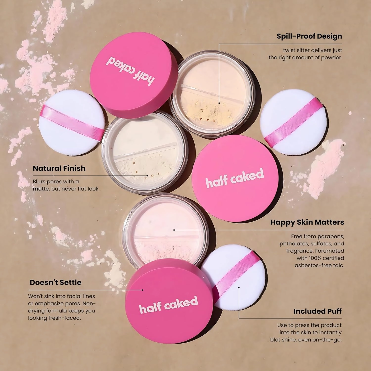 Half Caked Star Bright Loose Setting Powder, Included Puff, Vegan & Cruelty-Free (Pink, 8.2g)