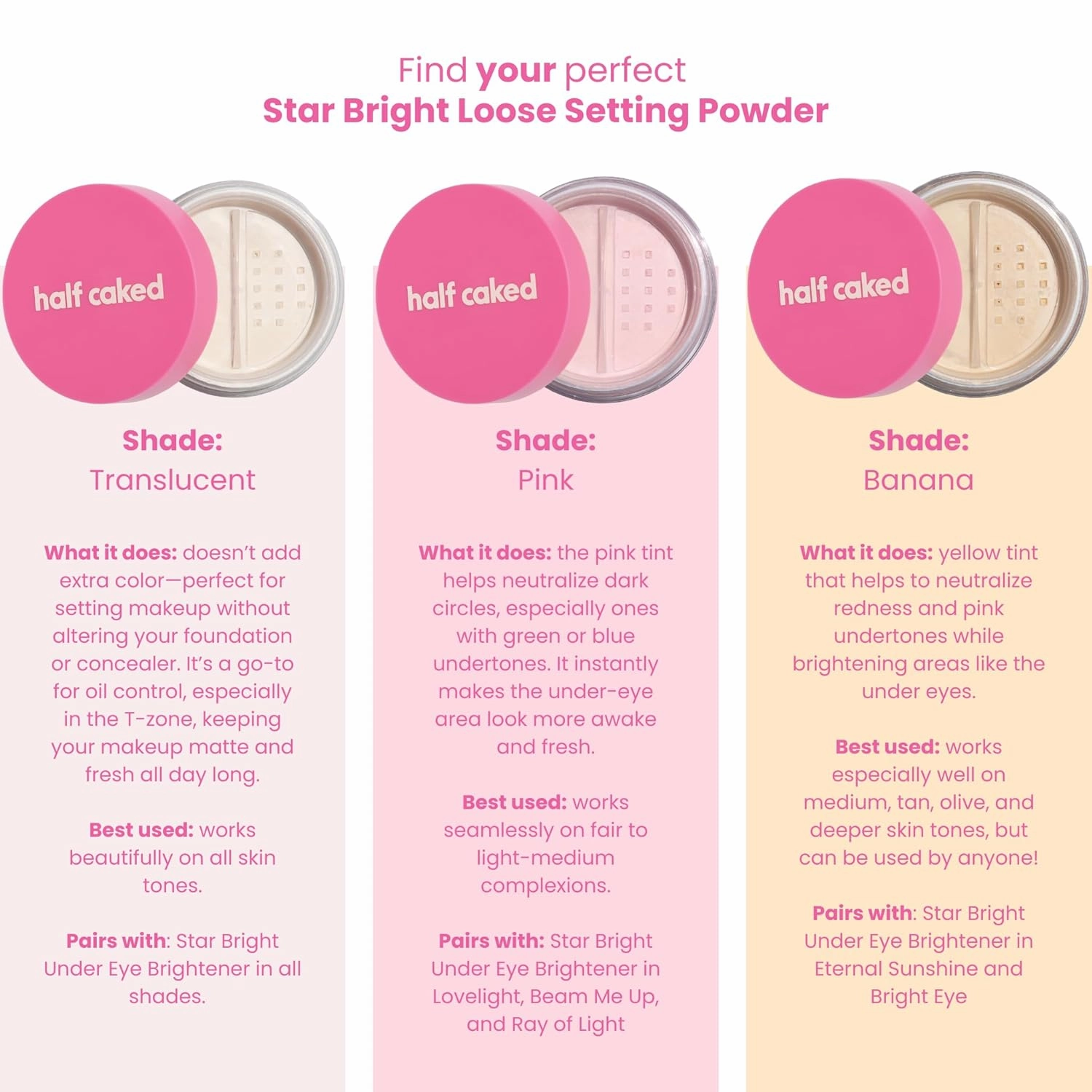 Half Caked Star Bright Loose Setting Powder, Included Puff, Vegan & Cruelty-Free (Pink, 8.2g)