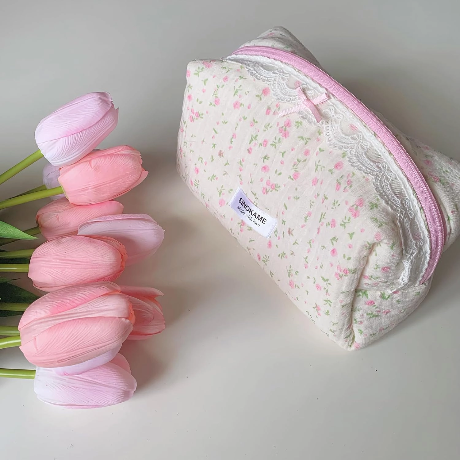 Handmade Cotton Quilted Floral Makeup Bag, Bow Small Cosmetic Bag Cute Coquette Fluffy Soft Reusable Toiletry Pouches Organizer, Reusable Washable Bags for Women Gifts(Springknows)