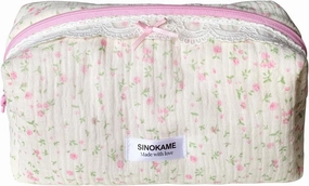 Handmade Cotton Quilted Floral Makeup Bag, Bow Small Cosmetic Bag Cute Coquette Fluffy Soft Reusable Toiletry Pouches Organizer, Reusable Washable Bags for Women Gifts(Springknows)