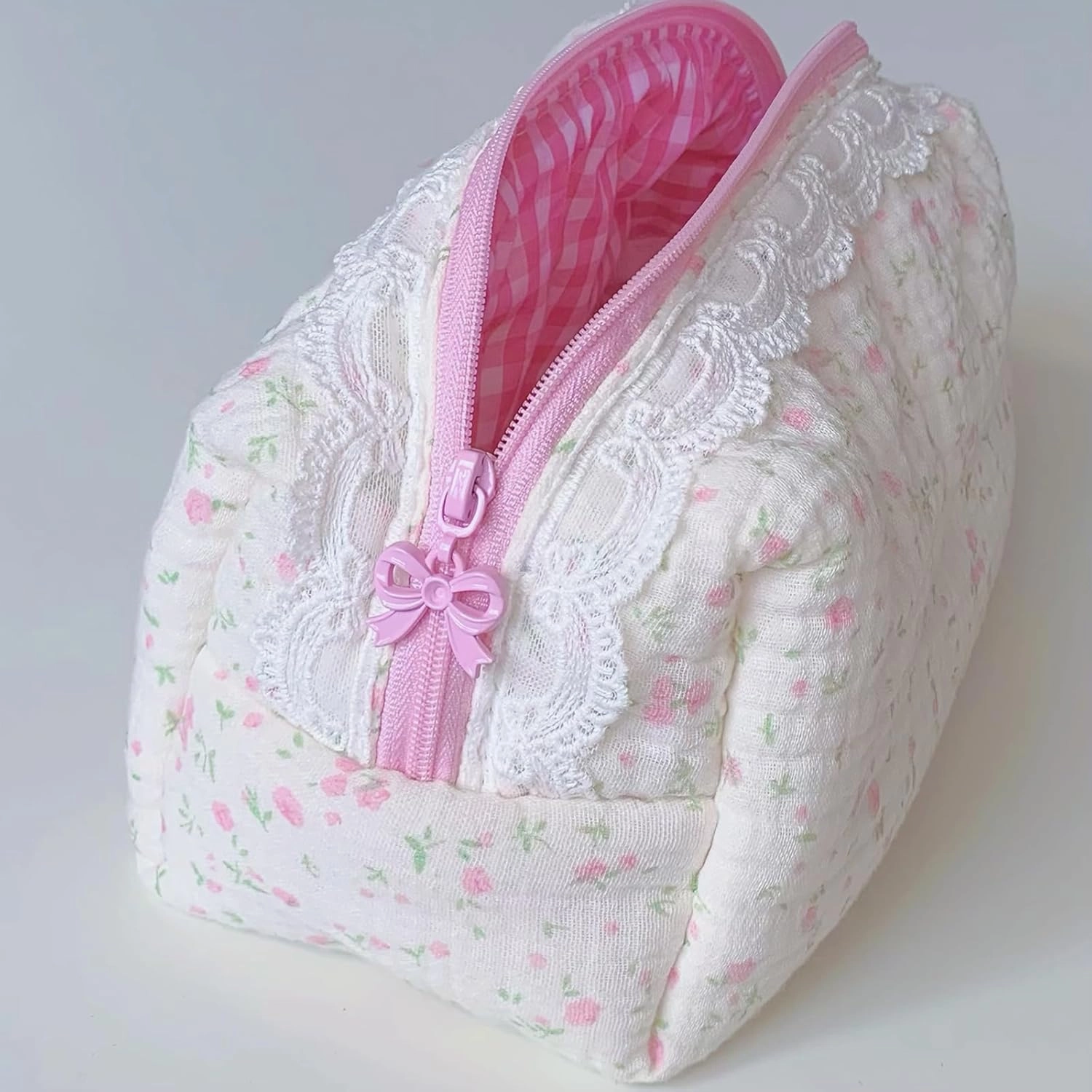 Handmade Cotton Quilted Floral Makeup Bag, Bow Small Cosmetic Bag Cute Coquette Fluffy Soft Reusable Toiletry Pouches Organizer, Reusable Washable Bags for Women Gifts(Springknows)