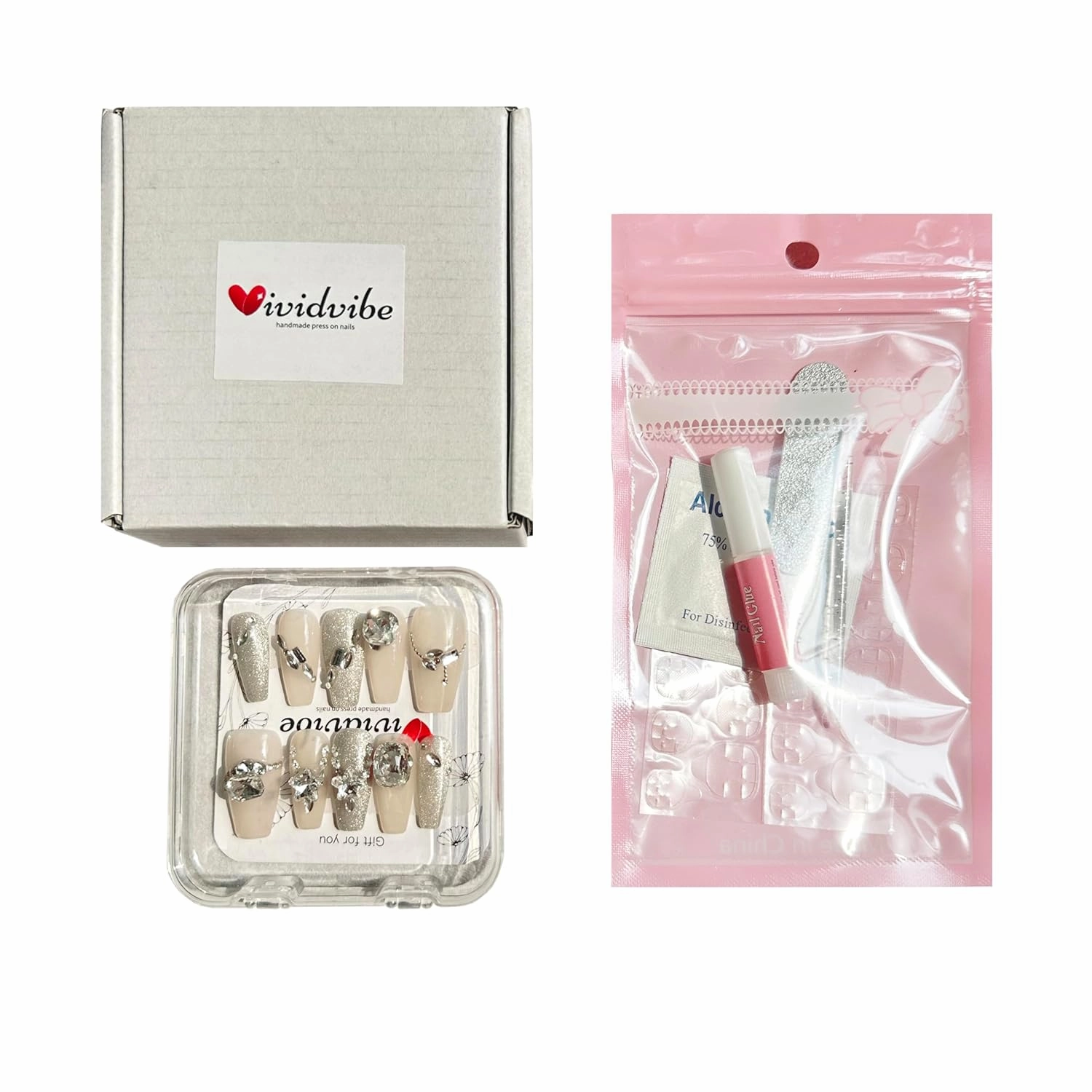 Handmade Press on Nails - Vividvibe Long Coffin Flash Glitter Cat's eye stereo diamond.Re-usable and Eco-friendly,Come with Glue Tabs,10 pcs (Silver diamond, M),Midnight smoke