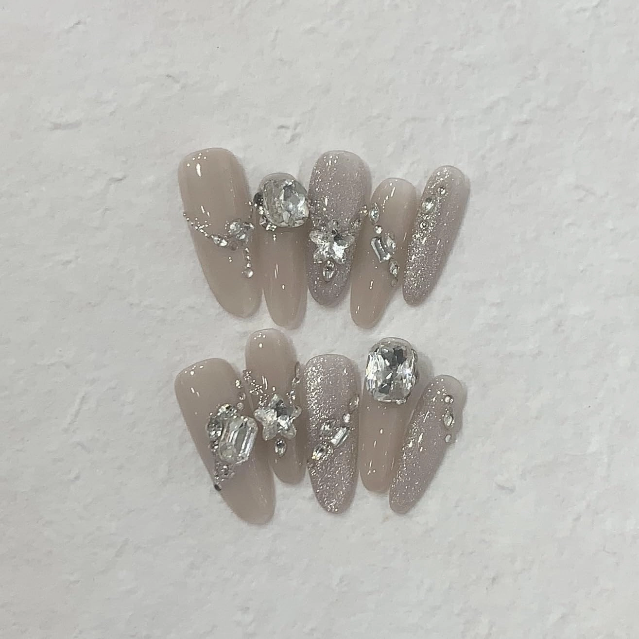 Handmade Press on Nails - Vividvibe Long Coffin Flash Glitter Cat's eye stereo diamond.Re-usable and Eco-friendly,Come with Glue Tabs,10 pcs (Silver diamond, M),Midnight smoke