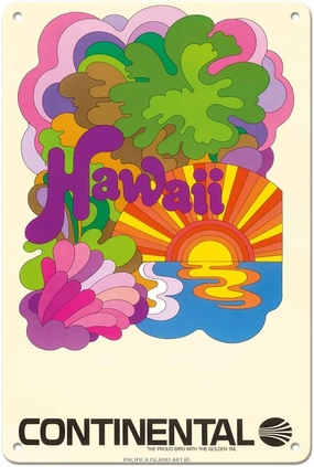 Hawaii - Continental Airlines - Psychedelic Art - Vintage Airline Travel Poster c.1960s - 8 x 12 inch Vintage Metal Tin Sign