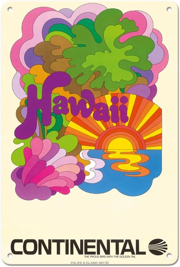 Hawaii - Continental Airlines - Psychedelic Art - Vintage Airline Travel Poster c.1960s - 8 x 12 inch Vintage Metal Tin Sign