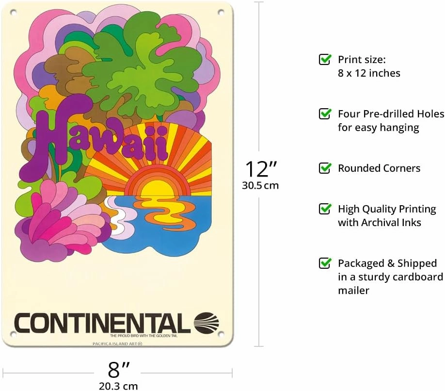 Hawaii - Continental Airlines - Psychedelic Art - Vintage Airline Travel Poster c.1960s - 8 x 12 inch Vintage Metal Tin Sign