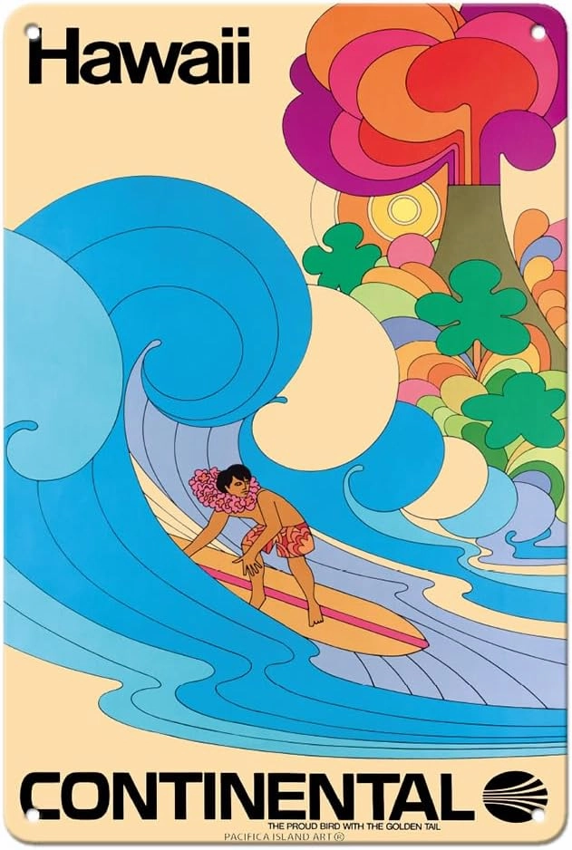 Hawaii - Hawaiian Surfer - Psychedelic Flower Power Art - Continental Airlines - Vintage Airline Travel Poster c.1960s - 8 x 12 inch Vintage Metal Tin Sign