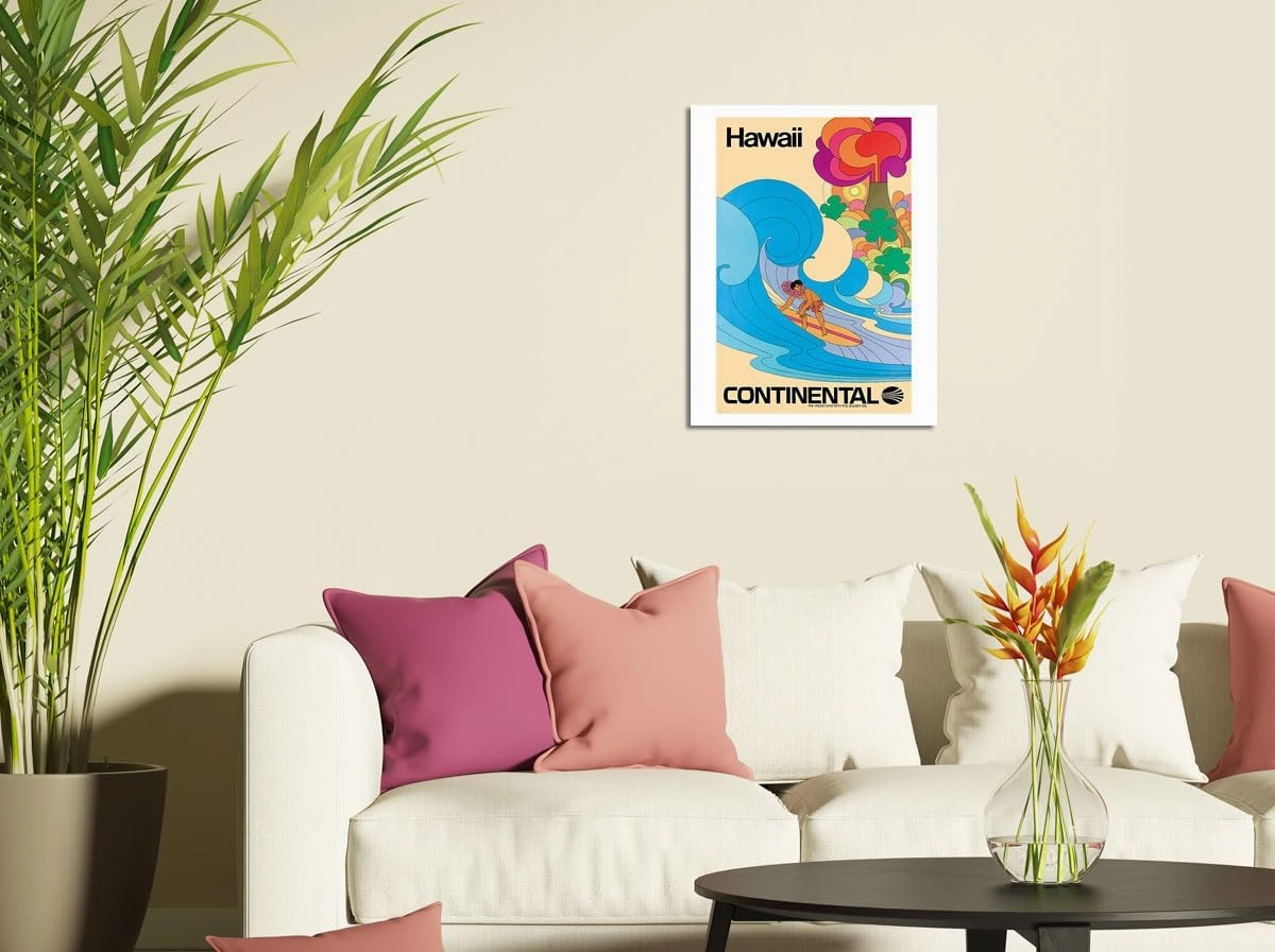 Hawaii - Hawaiian Surfer - Psychedelic Flower Power Art - Continental Airlines - Vintage Airline Travel Poster c.1960s - 8 x 12 inch Vintage Metal Tin Sign