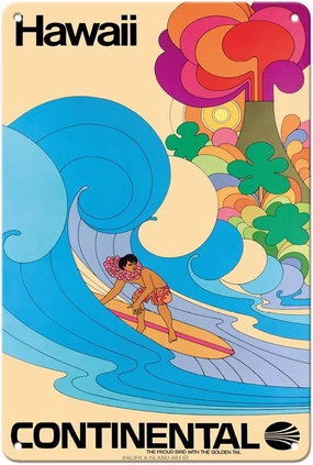 Hawaii - Hawaiian Surfer - Psychedelic Flower Power Art - Continental Airlines - Vintage Airline Travel Poster c.1960s - 8 x 12 inch Vintage Metal Tin Sign