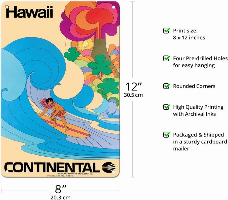 Hawaii - Hawaiian Surfer - Psychedelic Flower Power Art - Continental Airlines - Vintage Airline Travel Poster c.1960s - 8 x 12 inch Vintage Metal Tin Sign
