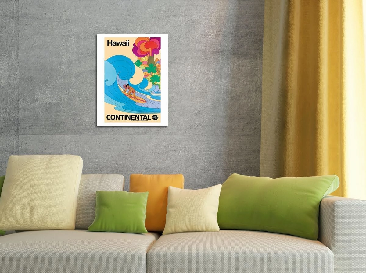 Hawaii - Hawaiian Surfer - Psychedelic Flower Power Art - Continental Airlines - Vintage Airline Travel Poster c.1960s - 8 x 12 inch Vintage Metal Tin Sign