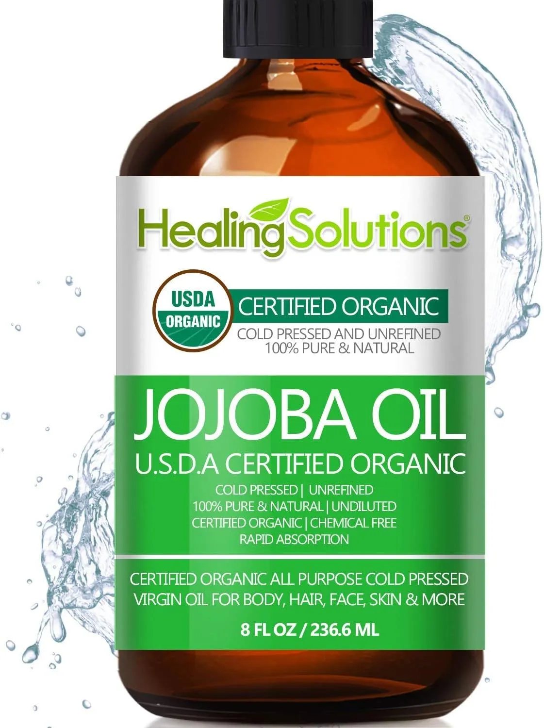 Healing Solutions Oils - 8 oz Jojoba Oil Organic Pure & Natural, Cold Pressed Unrefined, Hexane & Chemical Free, All-Natural Solution for Face & Hair, Fights Acne, Moisturizes Skin