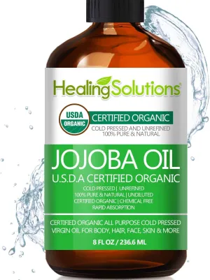 Healing Solutions Oils - 8 oz Jojoba Oil Organic Pure & Natural, Cold Pressed Unrefined, Hexane & Chemical Free, All-Natural Solution for Face & Hair, Fights Acne, Moisturizes Skin