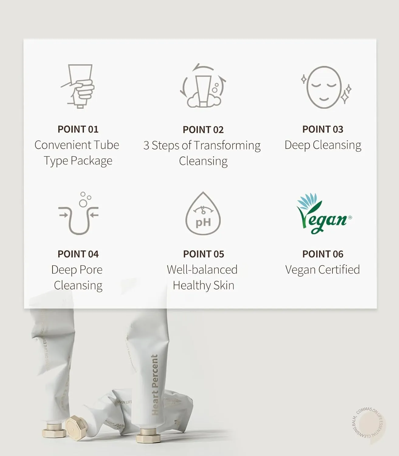 Heart Percent Commas on Life Essential Cleansing Balm, Sherbet-Oil-Milk Transforming Makeup Remover Vegan Daily Face Wash Cleanser for All Skin Types, 80ml (2.7oz)