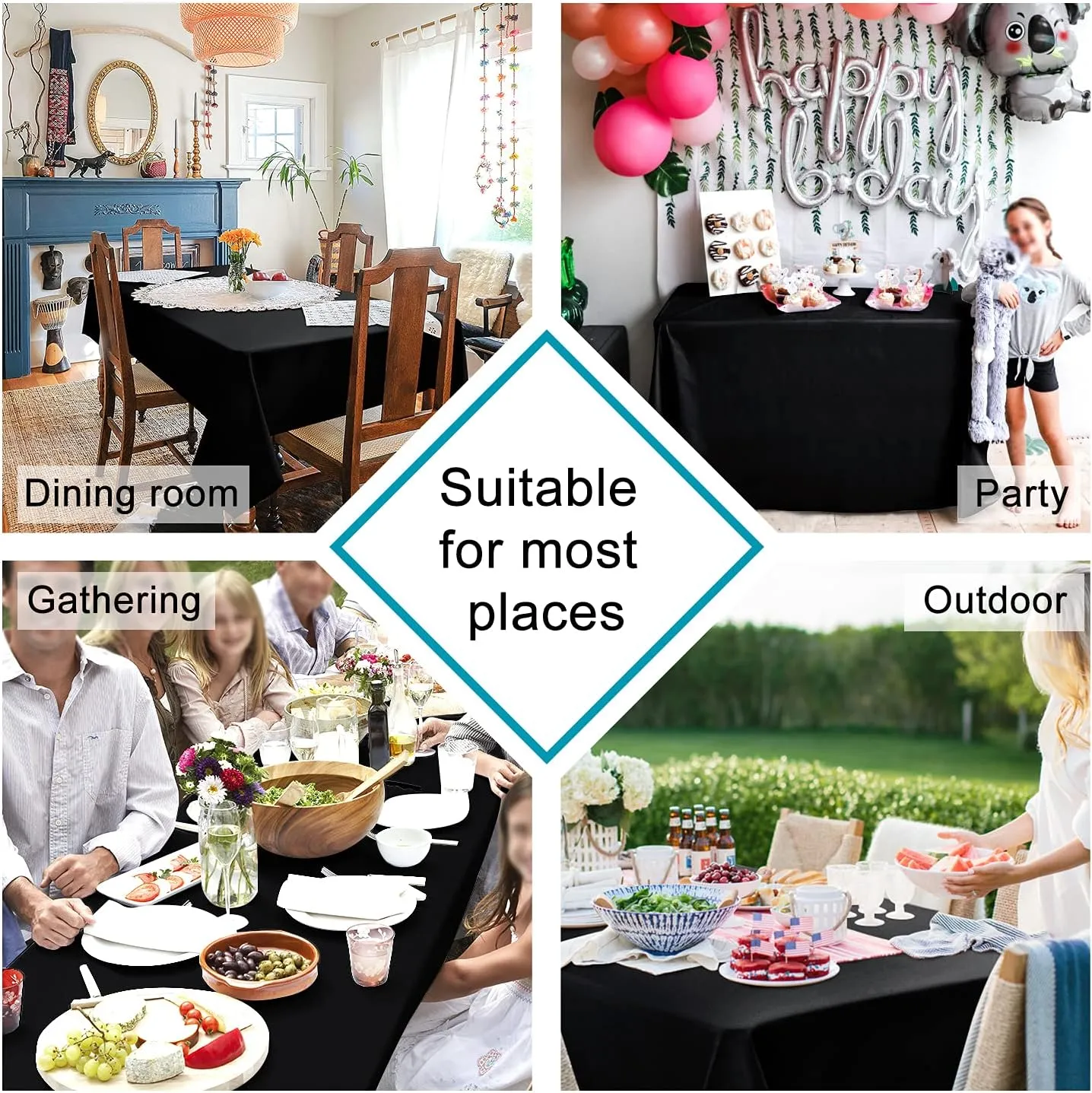 Hiasan 2 Pieces Black Tablecloth Rectangle - Waterproof and Wrinklr Resistant Washable Polyester Fabric Table Cloth for Dining Room and Outdoor Use, 54 x 108 Inch