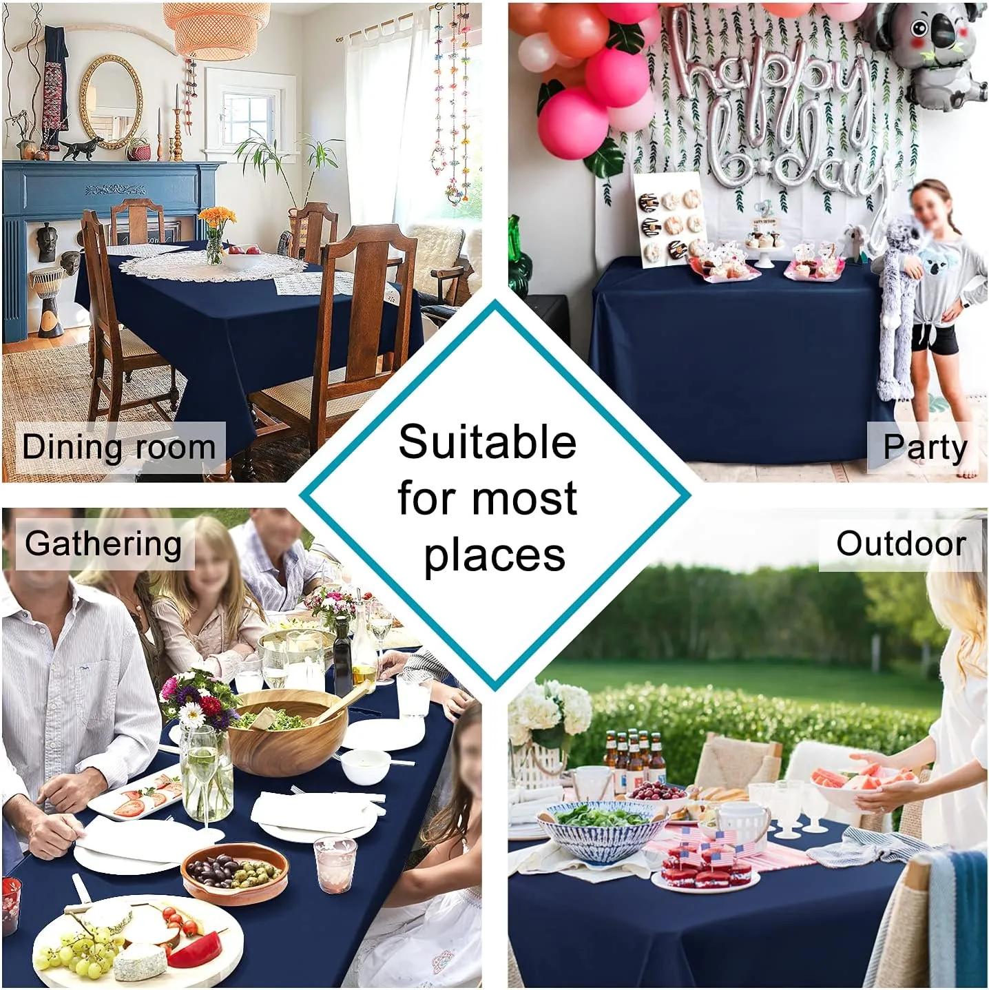 Hiasan 2 Pieces Rectangle Tablecloth - Waterproof Washable Polyester Table Cloth for Dining Room Kitchen Party Camping, Navy Blue, 54 x 108 Inch
