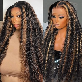 Highlight Deep Wave Lace Front Wigs Human Hair 30 Inch 13x6 HD Transparent Lace Front Wigs 200 Density 1/27 Glueless Ombre Honey Blonde Curly Wig for Women Pre Plucked with Baby Hair