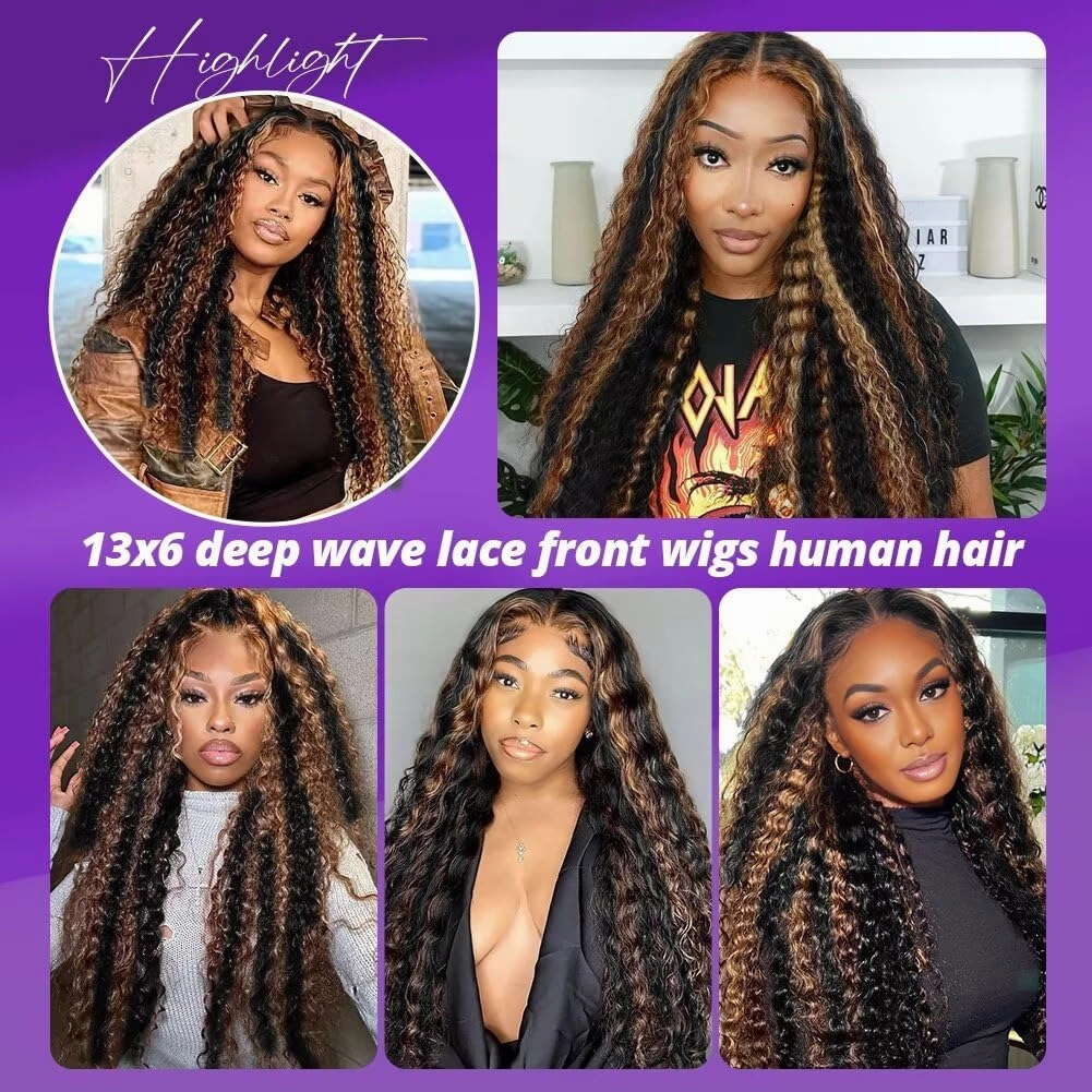 Highlight Deep Wave Lace Front Wigs Human Hair 30 Inch 13x6 HD Transparent Lace Front Wigs 200 Density 1/27 Glueless Ombre Honey Blonde Curly Wig for Women Pre Plucked with Baby Hair