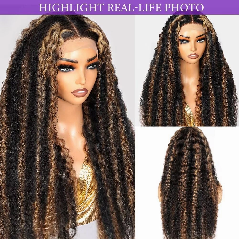 Highlight Deep Wave Lace Front Wigs Human Hair 30 Inch 13x6 HD Transparent Lace Front Wigs 200 Density 1/27 Glueless Ombre Honey Blonde Curly Wig for Women Pre Plucked with Baby Hair