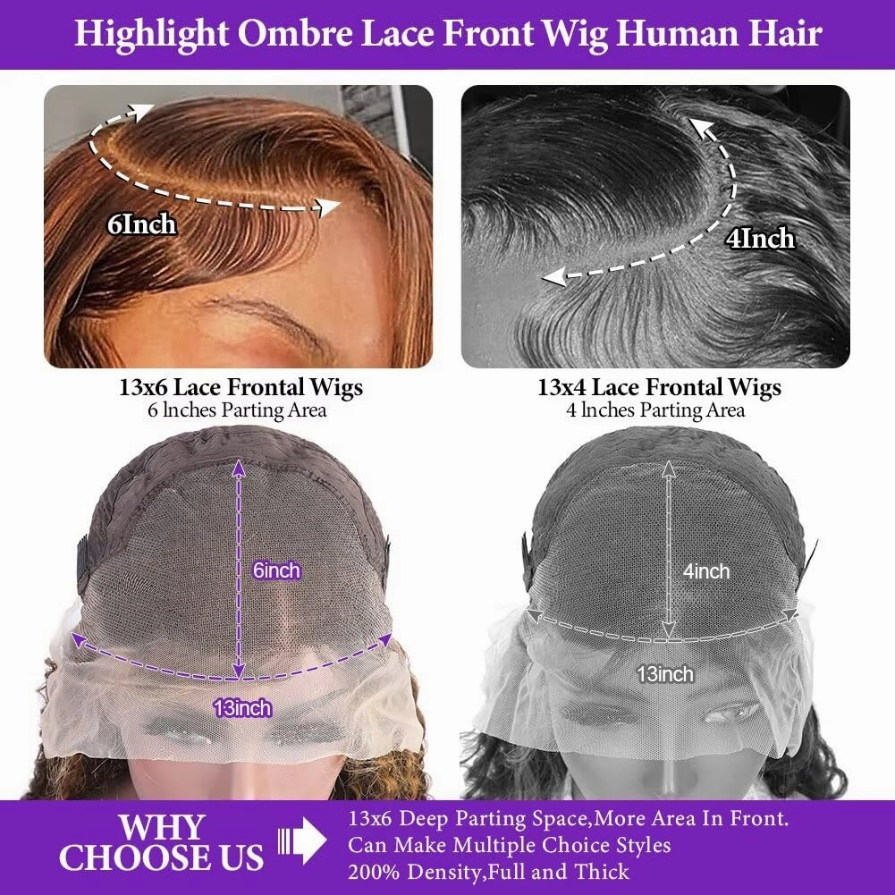 Highlight Deep Wave Lace Front Wigs Human Hair 30 Inch 13x6 HD Transparent Lace Front Wigs 200 Density 1/30 Glueless Ombre Brown Curly Wig for Women Pre Plucked with Baby Hair