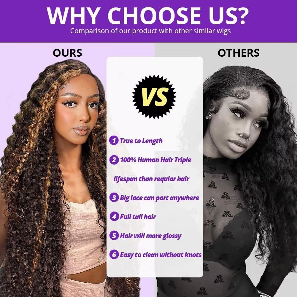 Highlight Deep Wave Lace Front Wigs Human Hair 30 Inch 13x6 HD Transparent Lace Front Wigs 200 Density 1/30 Glueless Ombre Brown Curly Wig for Women Pre Plucked with Baby Hair