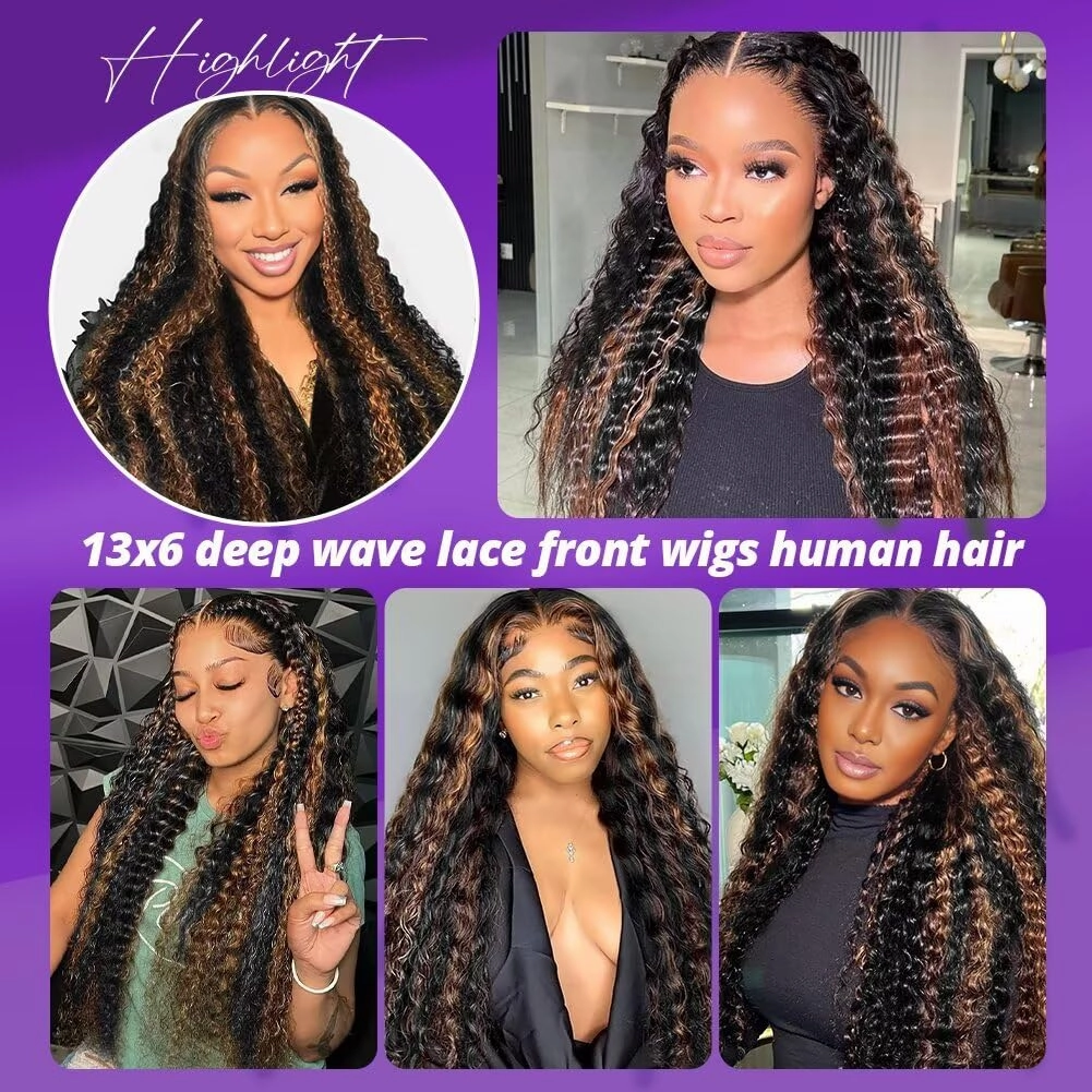Highlight Deep Wave Lace Front Wigs Human Hair 30 Inch 13x6 HD Transparent Lace Front Wigs 200 Density 1/30 Glueless Ombre Brown Curly Wig for Women Pre Plucked with Baby Hair
