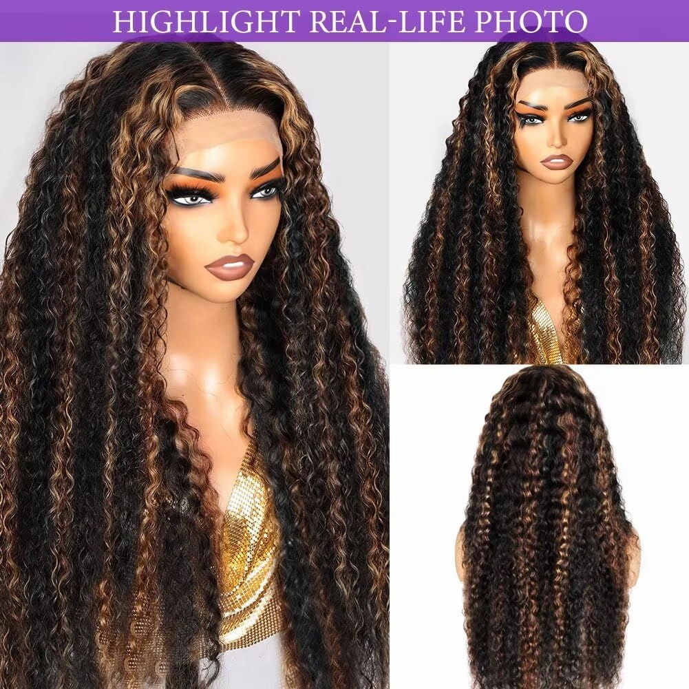 Highlight Deep Wave Lace Front Wigs Human Hair 30 Inch 13x6 HD Transparent Lace Front Wigs 200 Density 1/30 Glueless Ombre Brown Curly Wig for Women Pre Plucked with Baby Hair