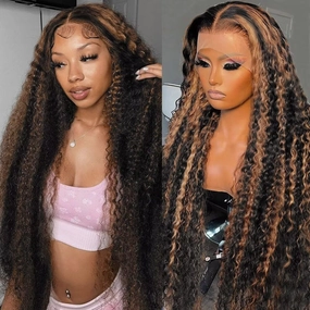 Highlight Deep Wave Lace Front Wigs Human Hair 30 Inch 13x6 HD Transparent Lace Front Wigs 200 Density 1/30 Glueless Ombre Brown Curly Wig for Women Pre Plucked with Baby Hair