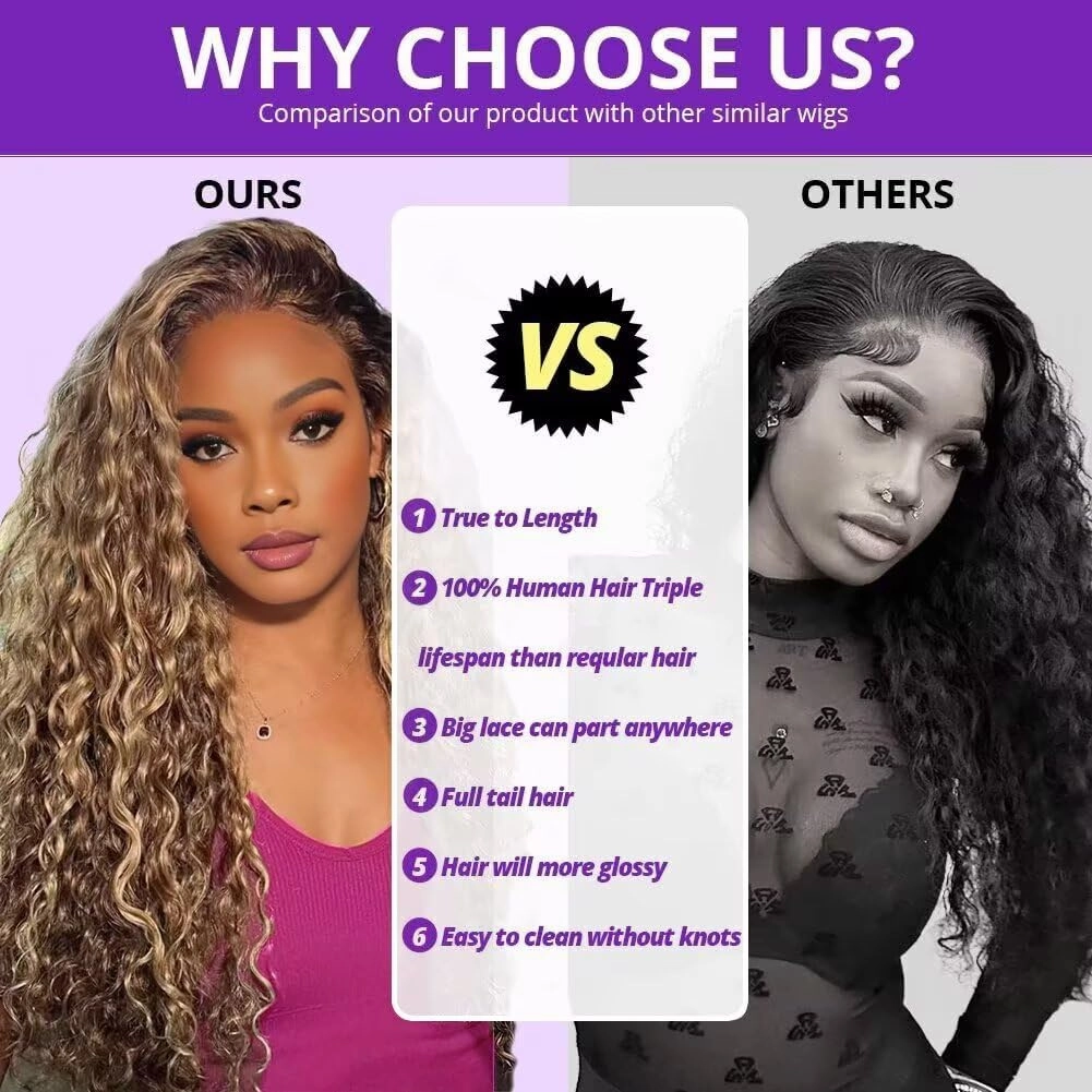 Highlight Deep Wave Lace Front Wigs Human Hair 30 Inch 13x6 HD Transparent Lace Front Wigs 200 Density 4/27 Glueless Ombre Honey Blonde Curly Wig for Women Pre Plucked with Baby Hair