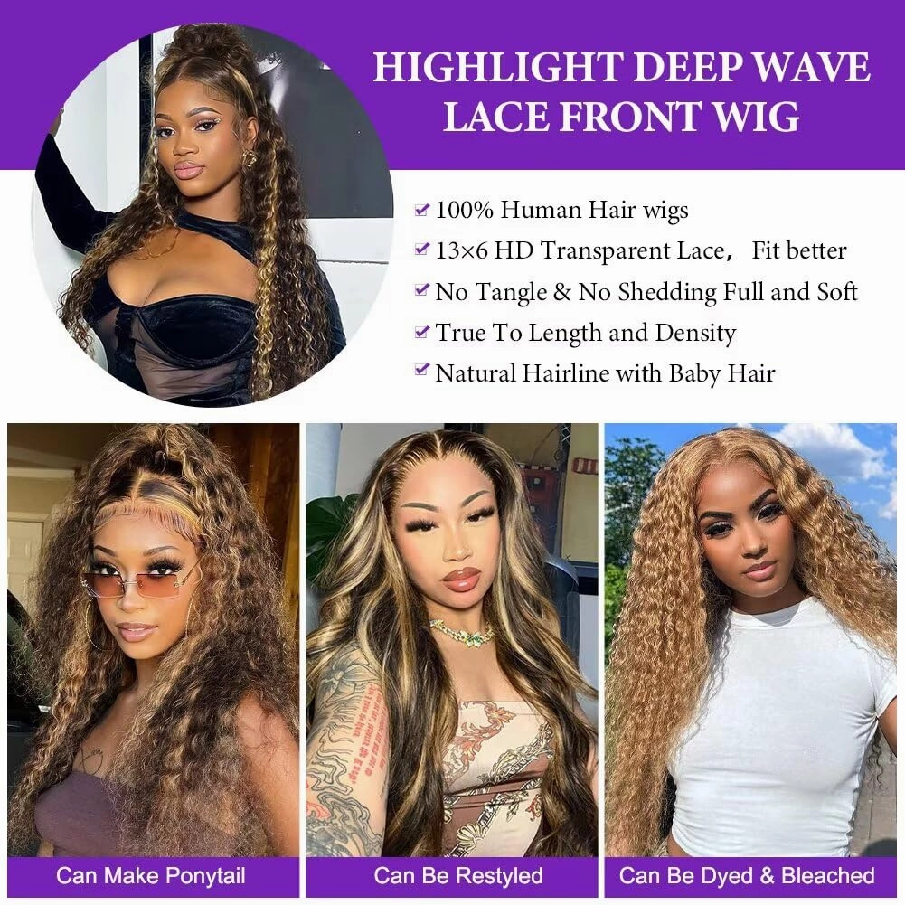 Highlight Deep Wave Lace Front Wigs Human Hair 30 Inch 13x6 HD Transparent Lace Front Wigs 200 Density 4/27 Glueless Ombre Honey Blonde Curly Wig for Women Pre Plucked with Baby Hair