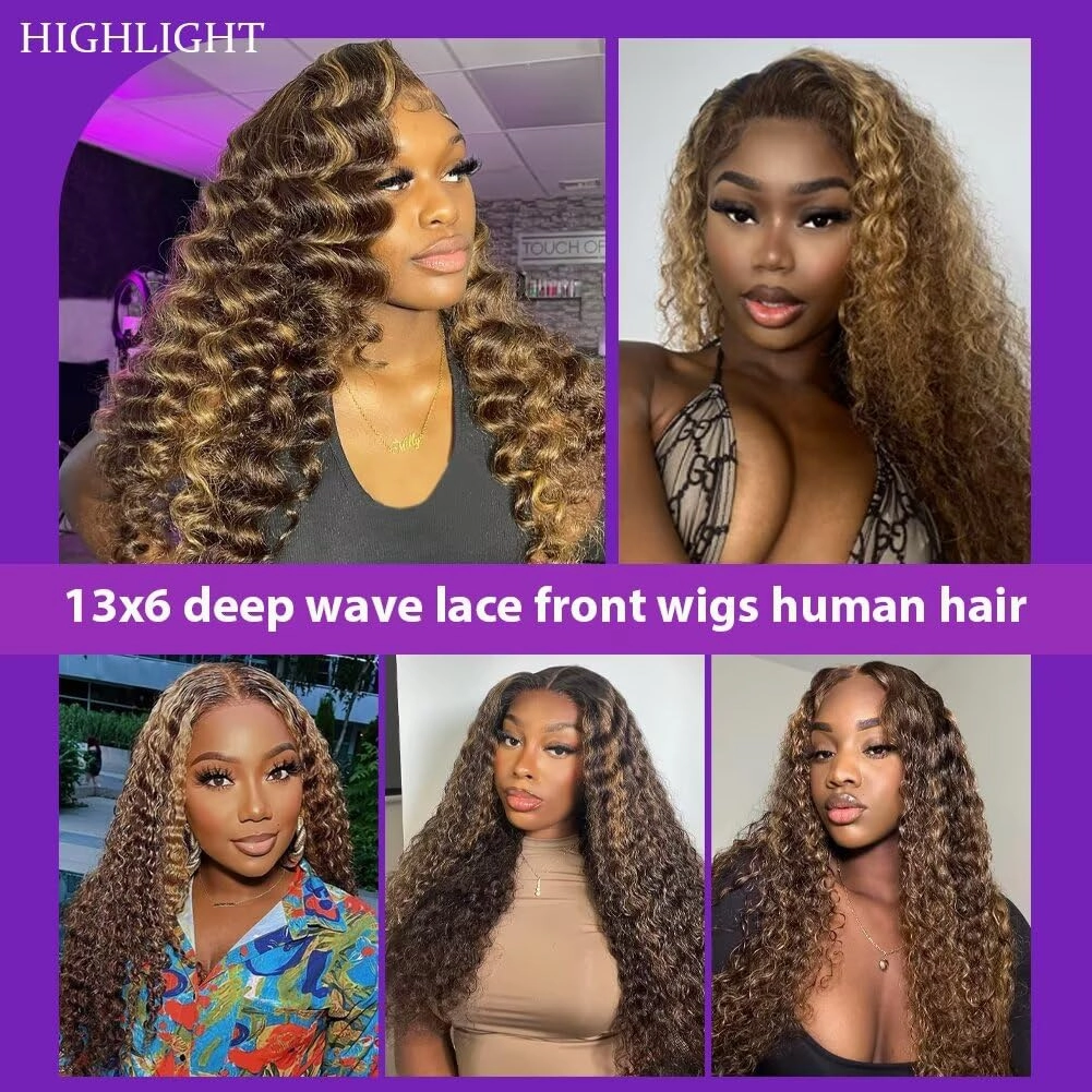 Highlight Deep Wave Lace Front Wigs Human Hair 30 Inch 13x6 HD Transparent Lace Front Wigs 200 Density 4/27 Glueless Ombre Honey Blonde Curly Wig for Women Pre Plucked with Baby Hair