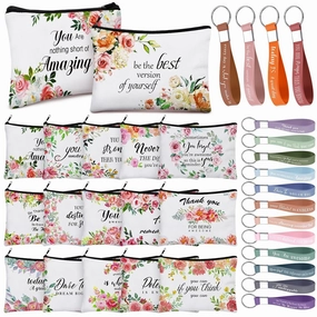 Hillban 32 Pcs Canvas Cosmetic Bag Bulk with Inspirational Quote Keychains Women Canvas Makeup Bag Graduation Gift Travel Toiletry Coin Pouch for Graduation Mother's Day Birthday Party(Flowers)