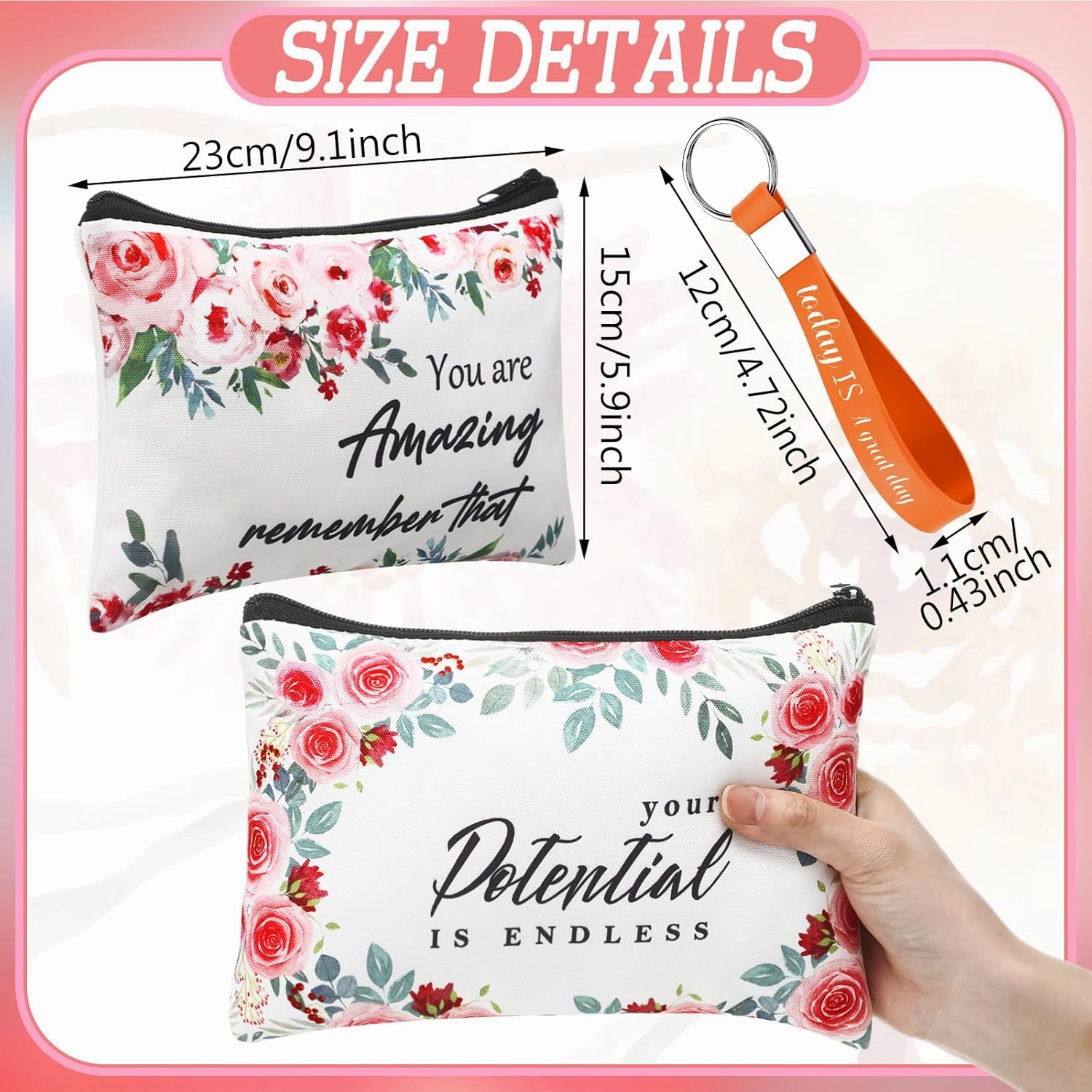 Hillban 32 Pcs Canvas Cosmetic Bag Bulk with Inspirational Quote Keychains Women Canvas Makeup Bag Graduation Gift Travel Toiletry Coin Pouch for Graduation Mother's Day Birthday Party(Flowers)