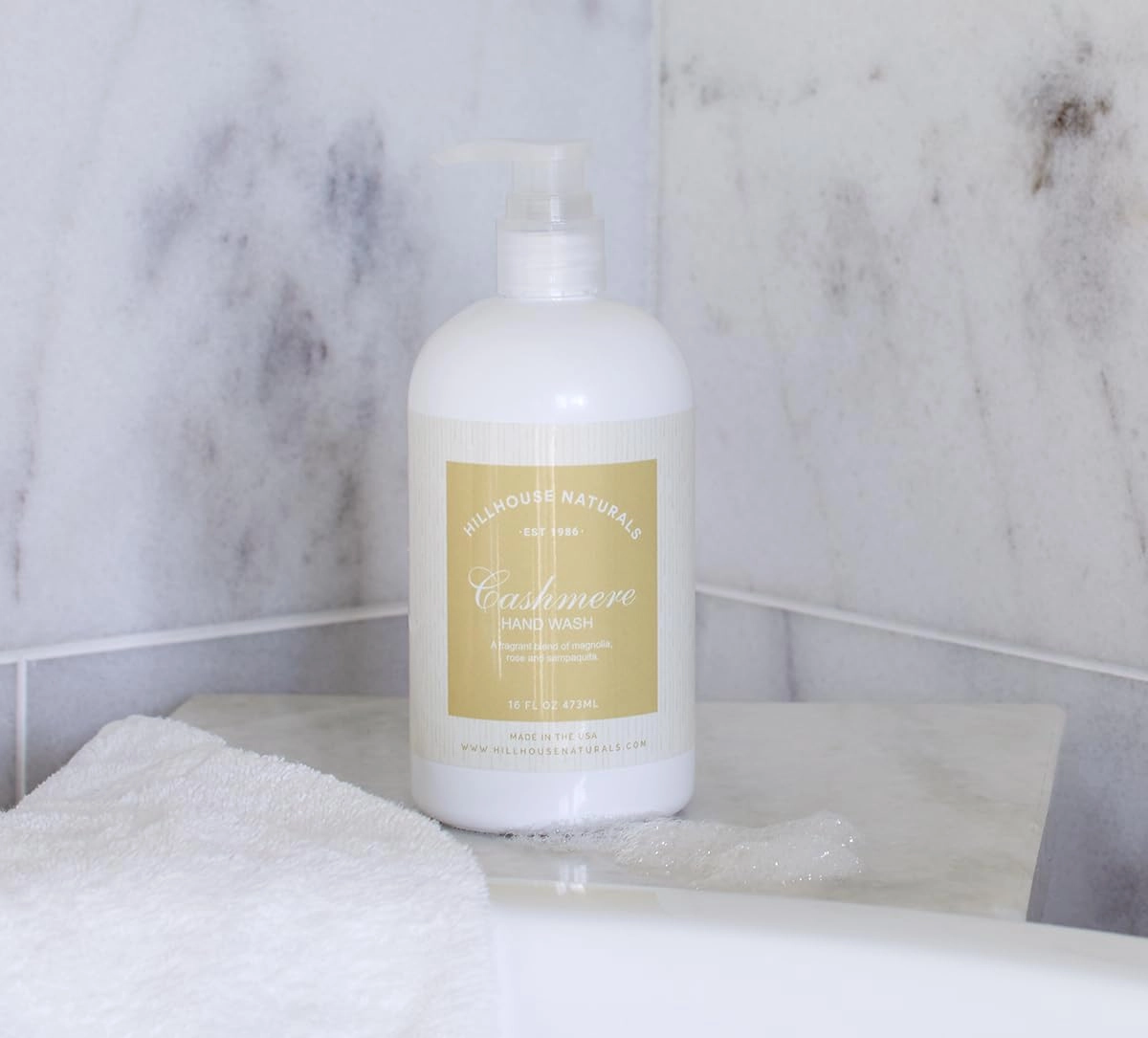 Hillhouse Naturals 16oz Hand Wash. With a soothing melodious composition of roses, magnolia and sampaguita. Made in the USA
