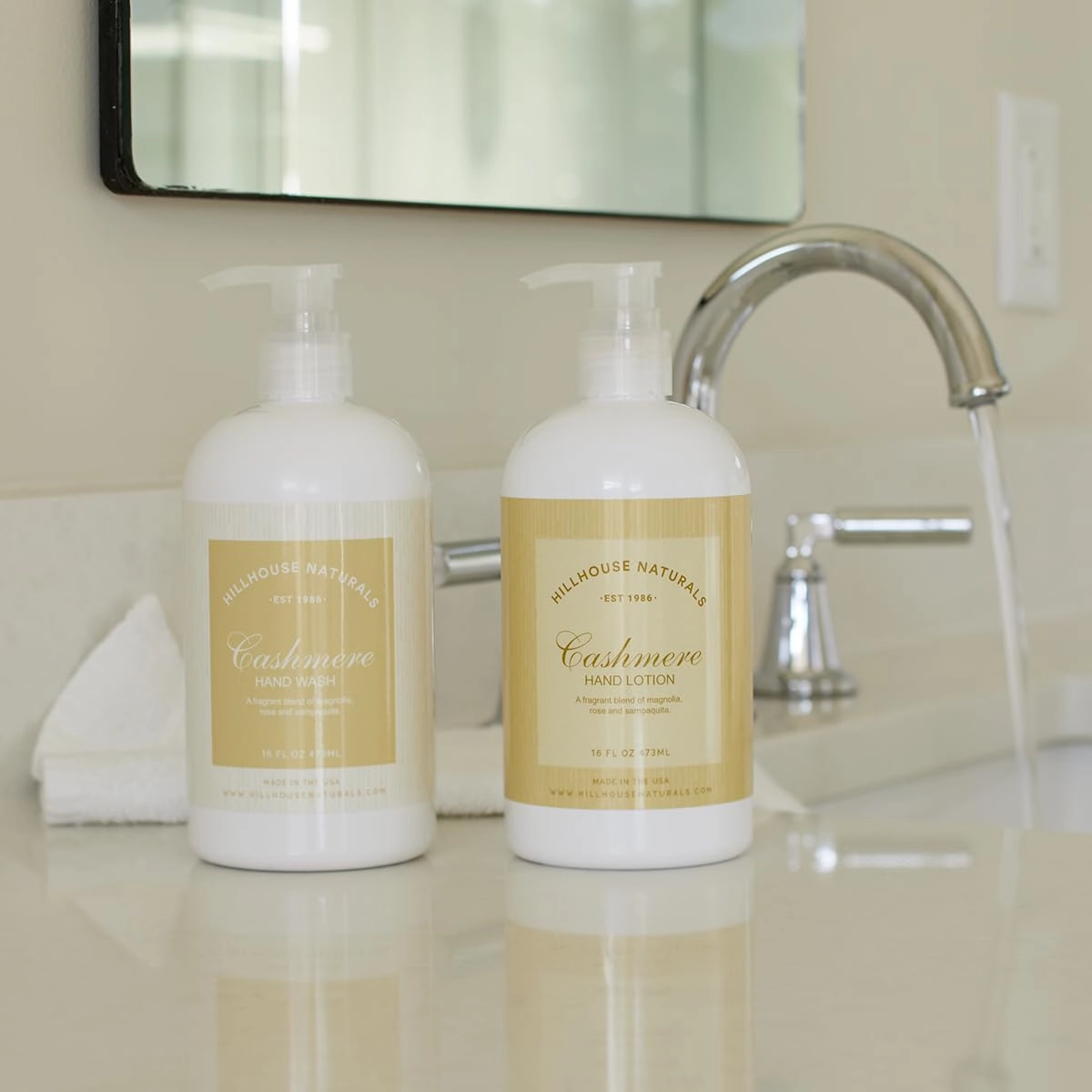 Hillhouse Naturals 16oz Hand Wash. With a soothing melodious composition of roses, magnolia and sampaguita. Made in the USA