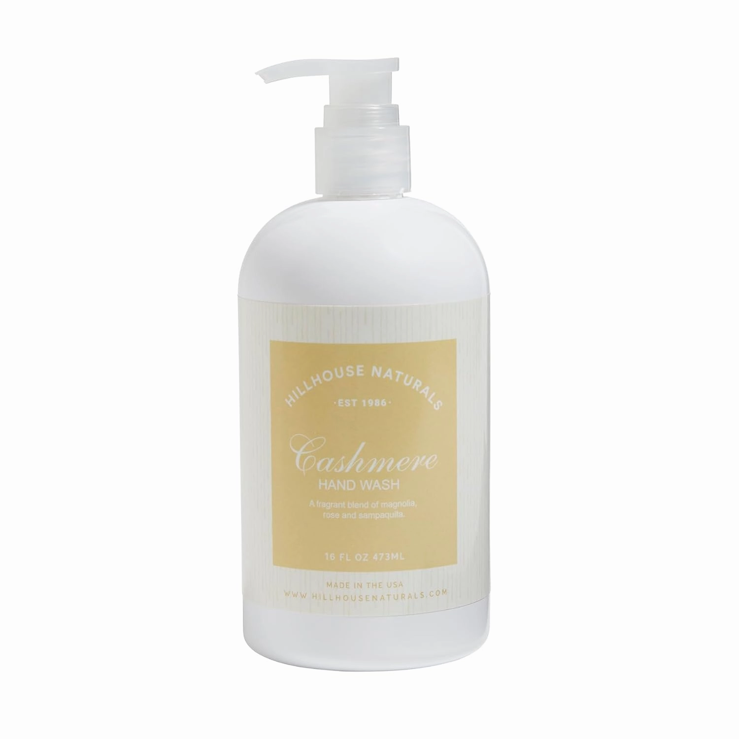 Hillhouse Naturals 16oz Hand Wash. With a soothing melodious composition of roses, magnolia and sampaguita. Made in the USA