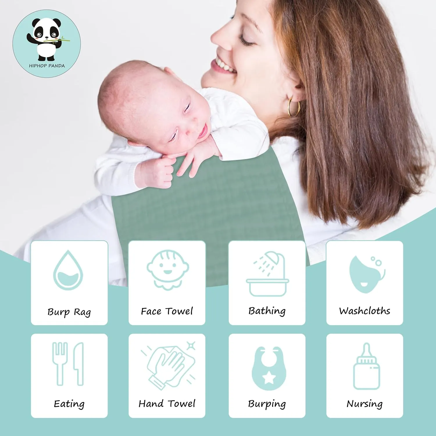 HIPHOP PANDA 10 Pack 6-Layers Muslin Burp Cloths Large - Durable 100% Cotton - Baby Essentials Extra Absorbent and Soft Boys & Girls Rags for Newborn Registry (Green, 20" X10")