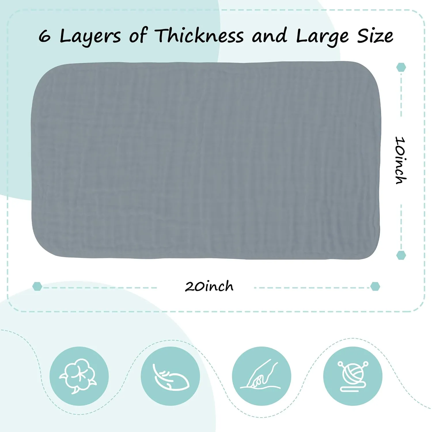 HIPHOP PANDA 10 Pack 6-Layers Muslin Burp Cloths Large - Durable 100% Cotton - Baby Essentials Extra Absorbent and Soft Boys & Girls Rags for Newborn Registry (Grey, 20" X10")