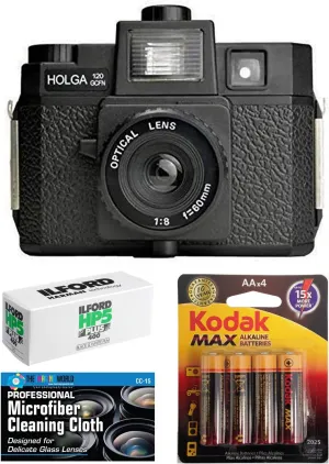 Holga 120GCFN Medium Format Film Camera with Built-in Flash with Ilford HP5 120 Black and White Film Kodak Batteries Accessories Bundle