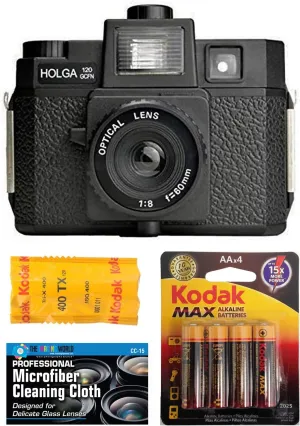 Holga 120GCFN Medium Format Film Camera with Built-in Flash with Kodak TX 120 Black and White Film Bundle with Accessories