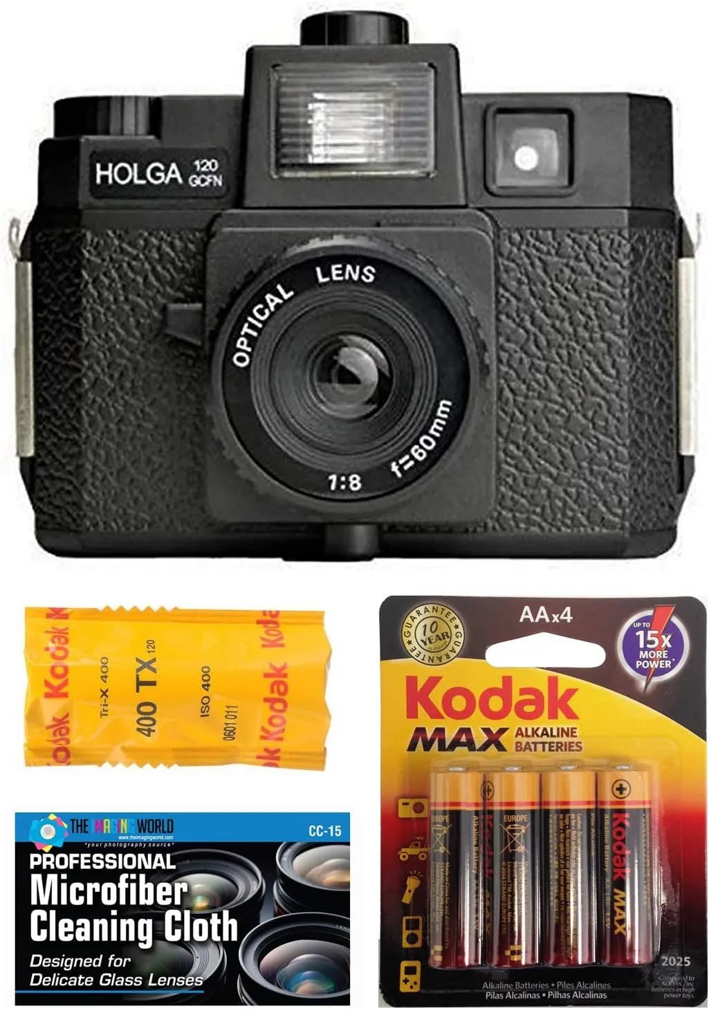 Holga 120GCFN Medium Format Film Camera with Built-in Flash with Kodak TX 120 Black and White Film Bundle with Accessories
