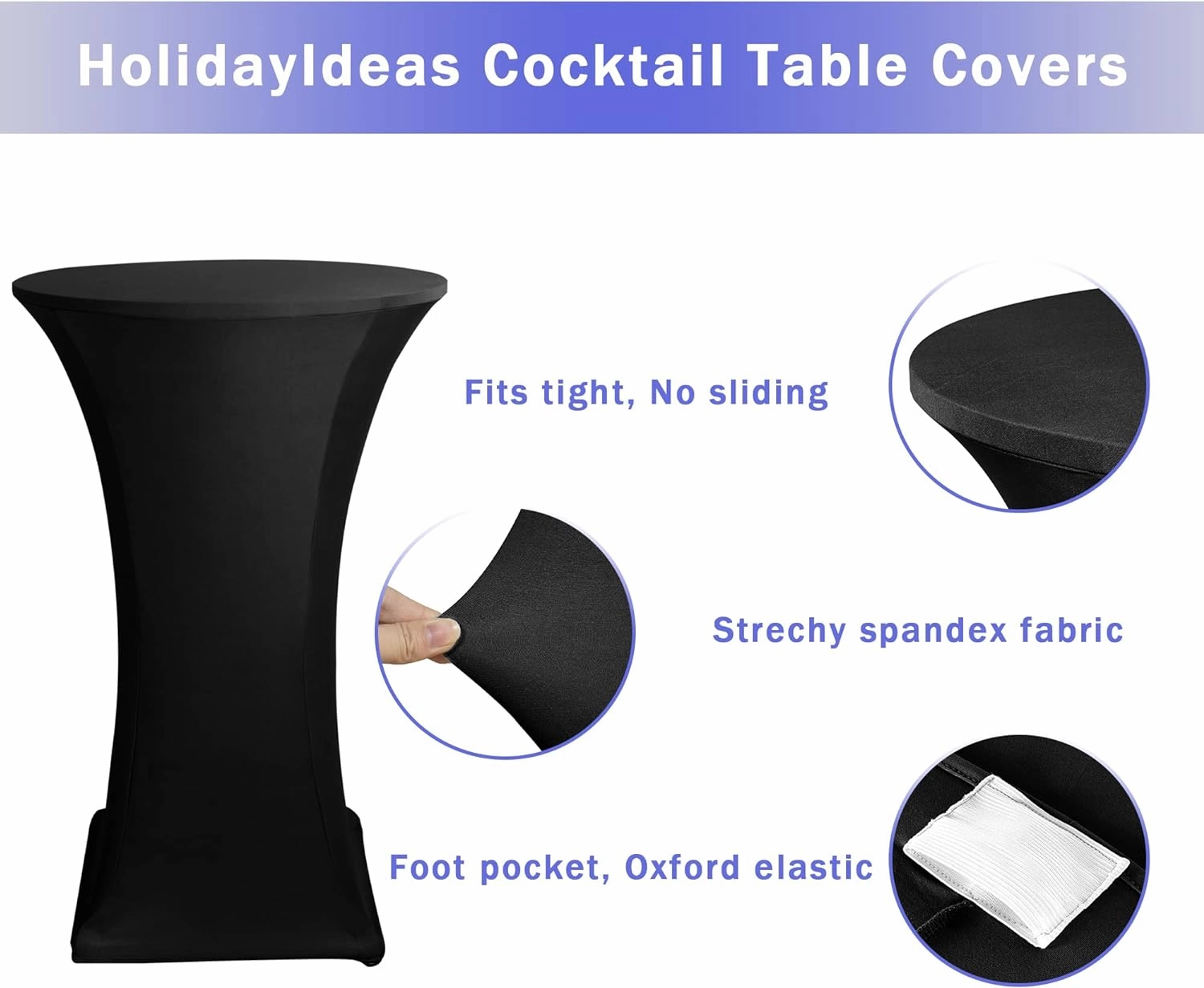 HolidayIdeas Cocktail Table Covers, 2 Pack - Fitted Stretch Spandex Square Corners Cocktail Tablecloths,High Top Table Cloths (Black, Fit for 30"-32" Diameter x 43" Height Tables)