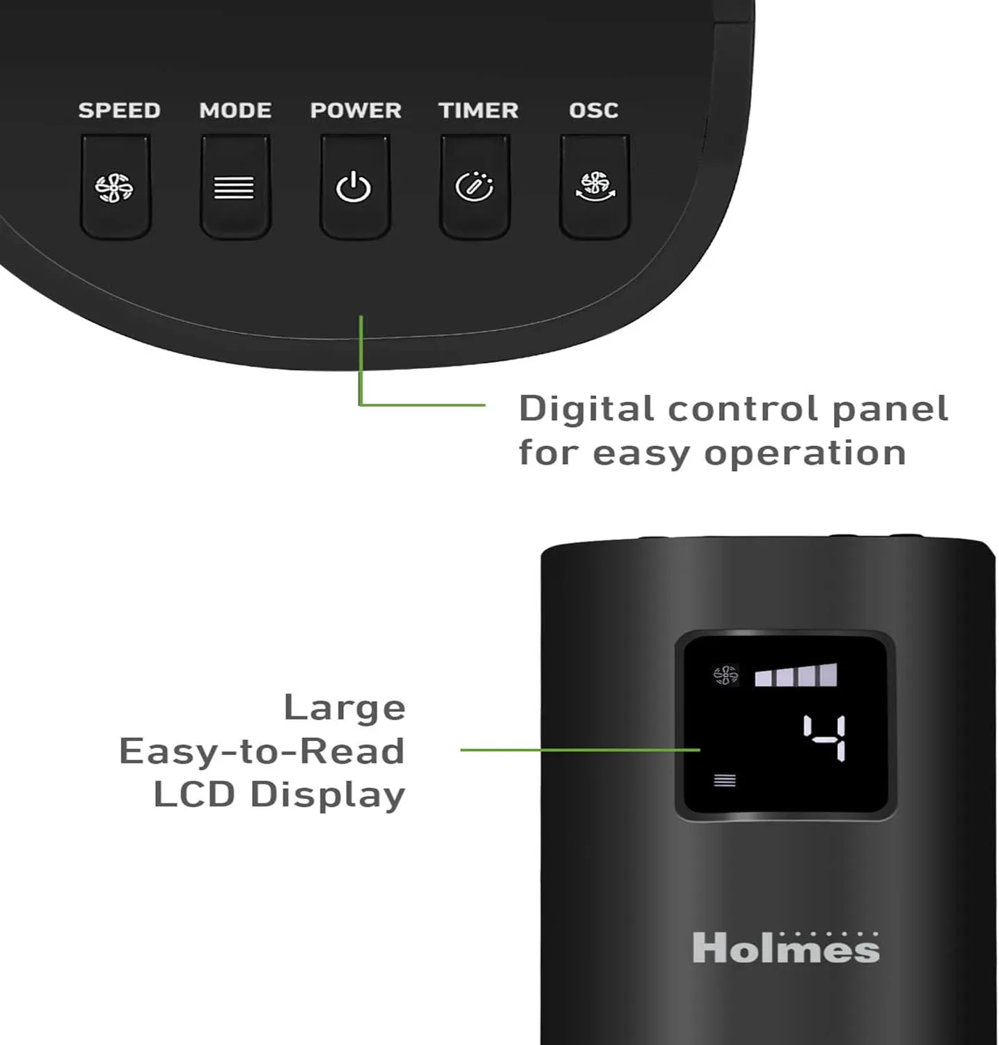HOLMES STACK-N-CONNECT 45" Digital Tower Fan, ClearRead Display, Bonus Storage Bag, 90° Oscillation, 4 Speeds, 4 Modes, 8-Hour Timer, Home, Ideal for Bedroom or Office, Remote Control, Matte Black