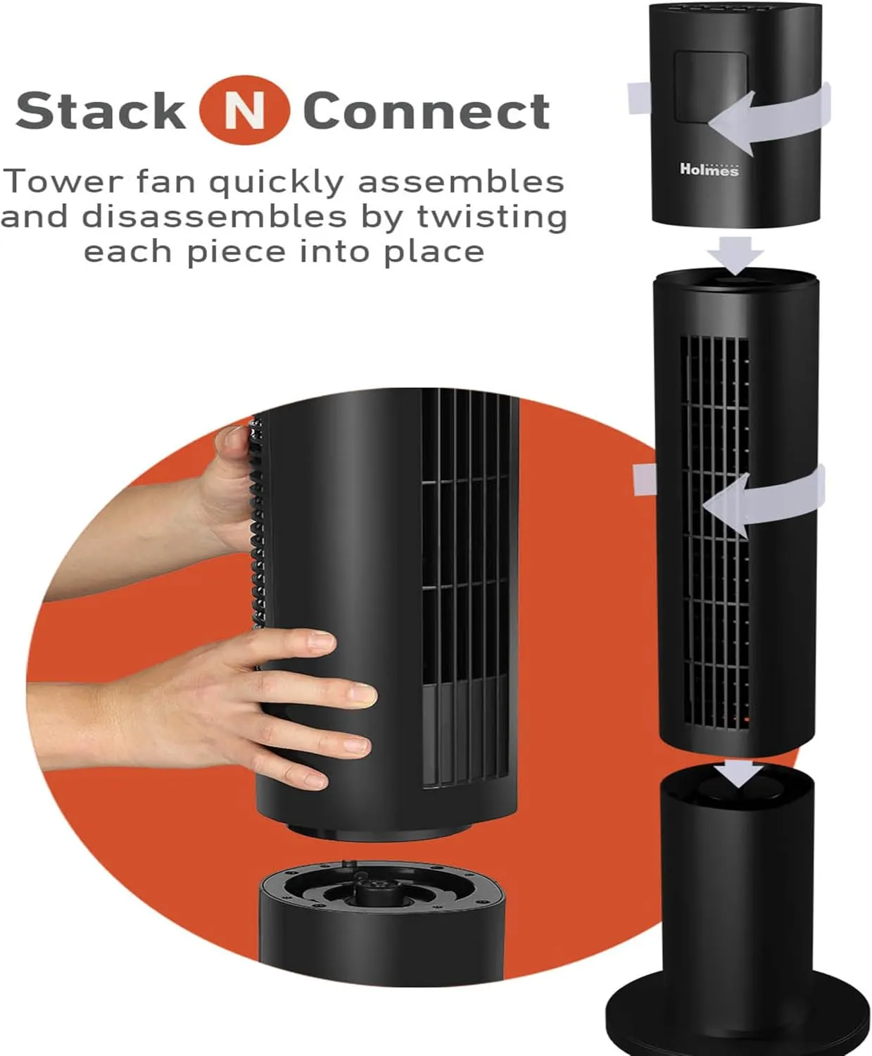 HOLMES STACK-N-CONNECT 45" Digital Tower Fan, ClearRead Display, Bonus Storage Bag, 90° Oscillation, 4 Speeds, 4 Modes, 8-Hour Timer, Home, Ideal for Bedroom or Office, Remote Control, Matte Black