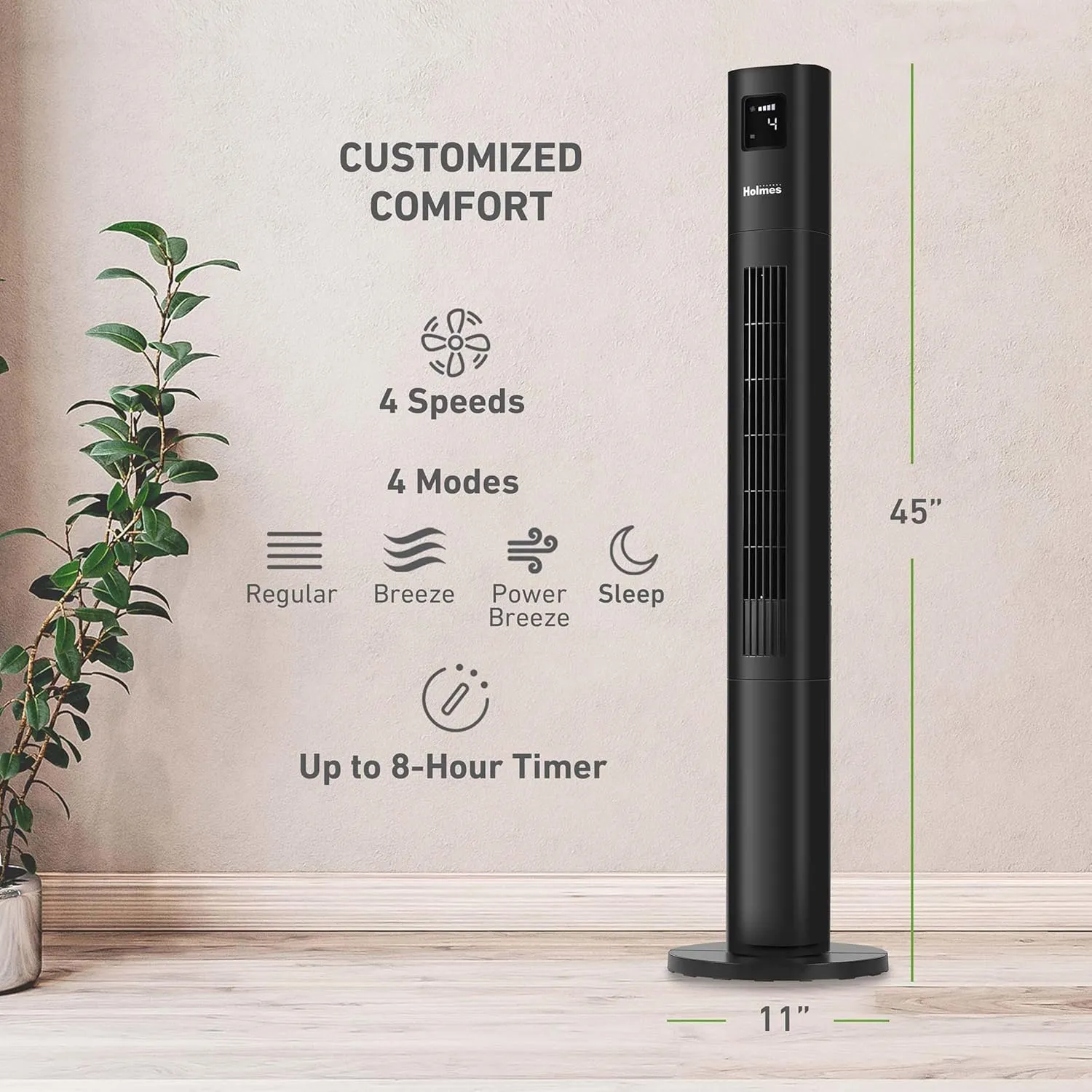 HOLMES STACK-N-CONNECT 45" Digital Tower Fan, ClearRead Display, Bonus Storage Bag, 90° Oscillation, 4 Speeds, 4 Modes, 8-Hour Timer, Home, Ideal for Bedroom or Office, Remote Control, Matte Black